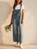 Women Vintage Baggy Wide Leg Distressed Denim Cropped Overalls
