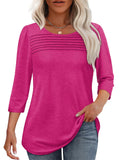 Women's Solid Color Pleated Chest Round Neck 3/4 Sleeve Shirts