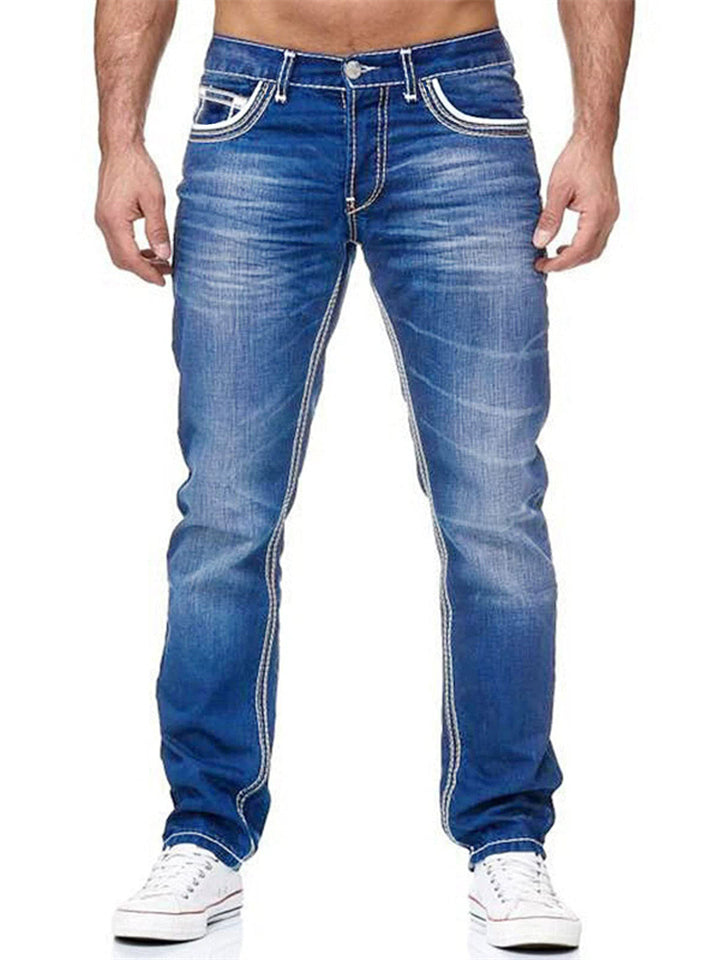 Men Slim Fit Washed Denim Jeans with White Contrast Stitch
