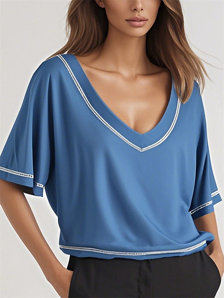 Summer Women's Contrast Color Casual V Neck T-shirts