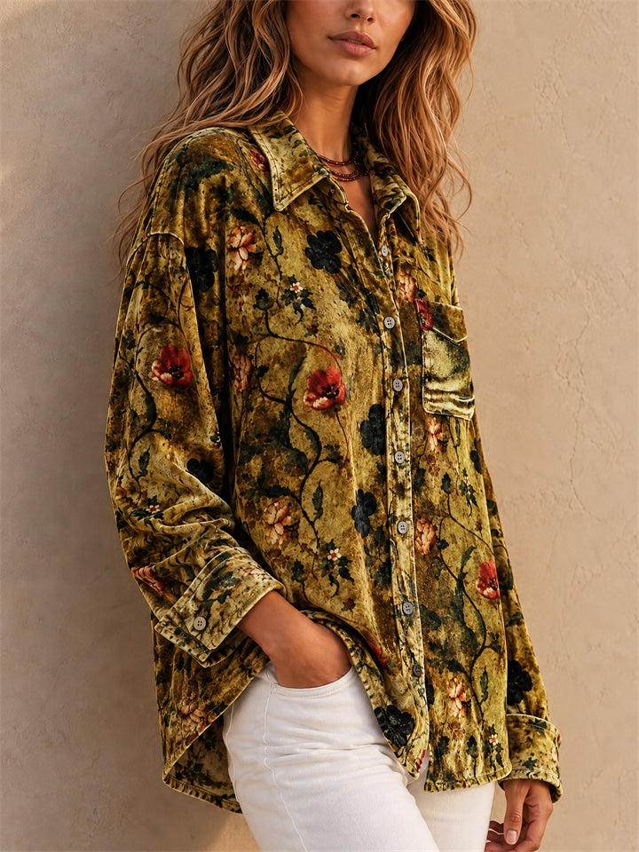 Women's Vintage Floral Print Velvet Oversized Button Down Shirt