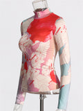 High Neck Painted Style Print Long Sleeve Shirt for Women