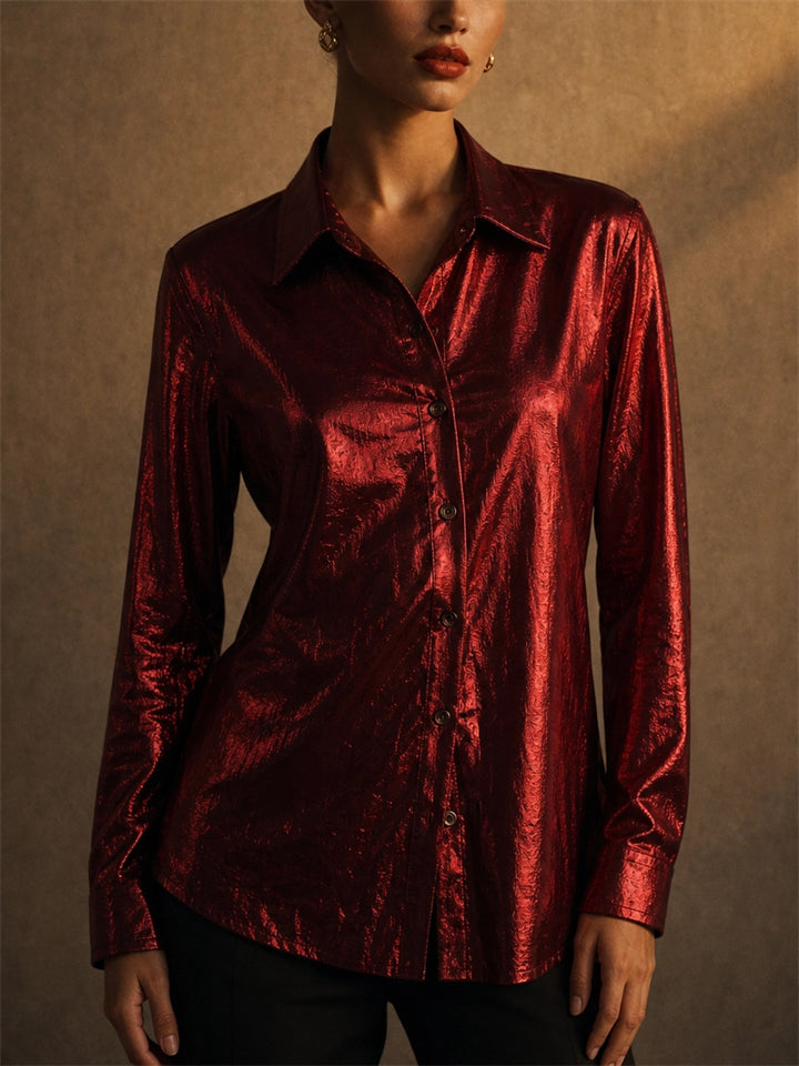 Women Red Metallic Shimmer Button Down Long Sleeve Party Shirts