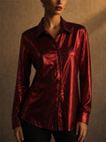 Women Red Metallic Shimmer Button Down Long Sleeve Party Shirts