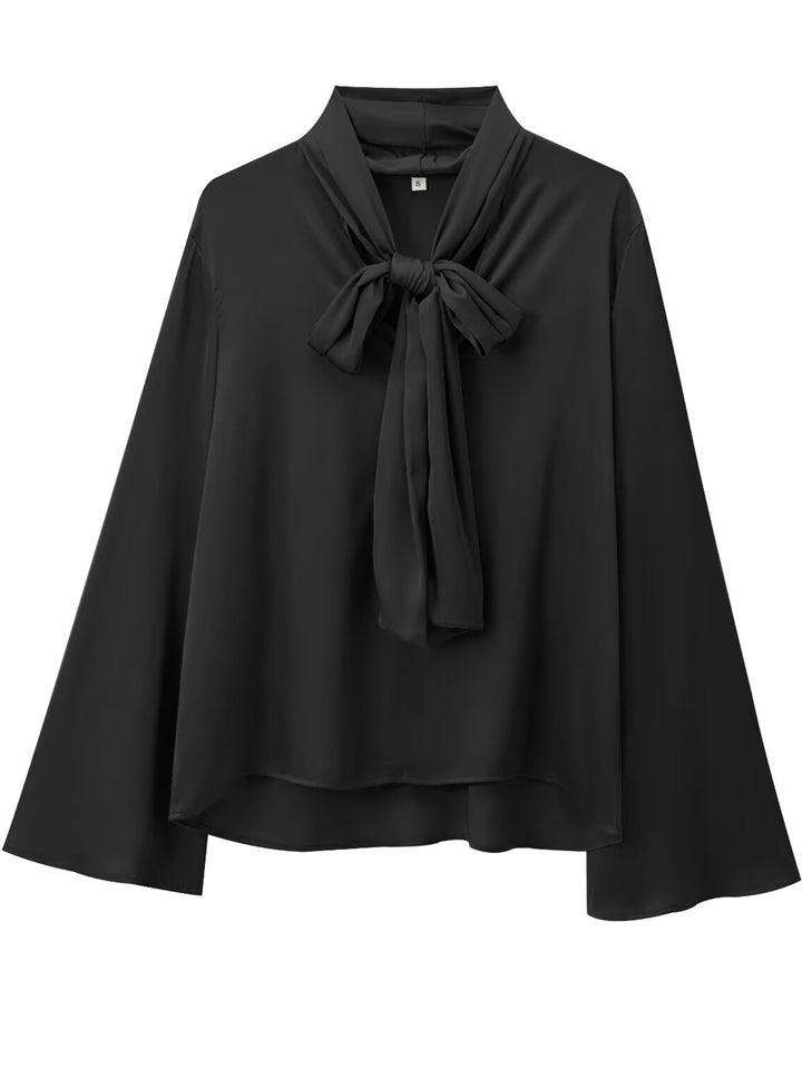 Women's Solid Color Lace Up Tie-neck Long Sleeve Casual Blouses