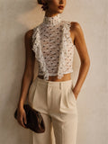 Women Sleeveless Polka Dot Lace Ruffle Mock Neck Top