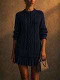 Women Soft Cable Knit Mini Sweater Dress With Pleated Hem