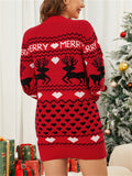 Women's Red Elk Jacquard Long Sleeve Sweater Mini Dress