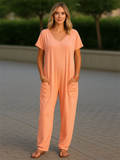 Women's Summer Solid Color V Neck Pockets Drop Crotch Jumpsuits
