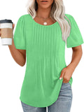 Women's Casual Solid Color Pleated Round Neck Short Sleeve Shirts