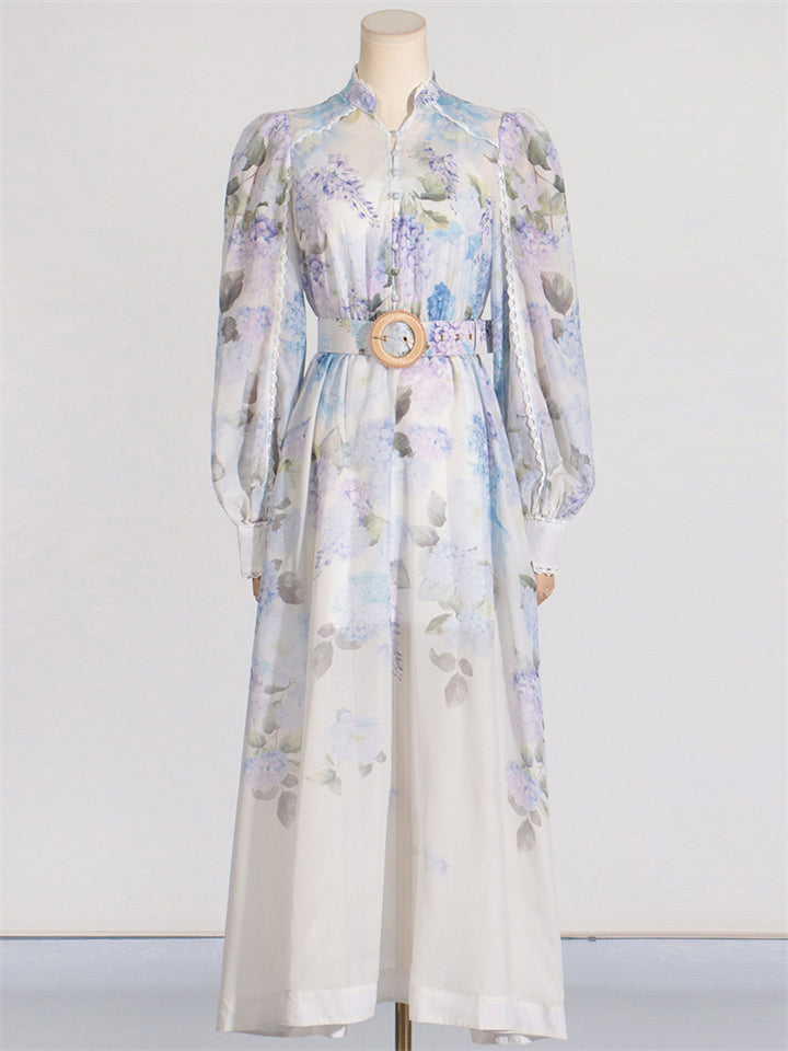 French Style Purple Elegant Floral Print Long Sleeve Button Maxi Dress for Women