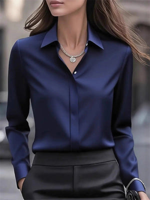 Ladies' Solid Color Lapel Button Up Long Sleeve Satin Blouses