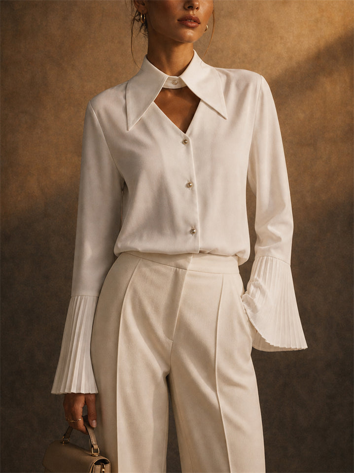 Womens Elegant Pleated Flare Sleeve Cutout V Neck Blouses