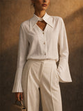 Womens Elegant Pleated Flare Sleeve Cutout V Neck Blouses