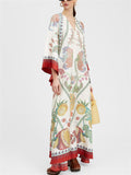 Women's Holiday Style Print Stand Collar V-neck 3/4 Sleeve Maxi Dress