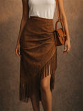Women Brown Faux Suede Asymmetrical Boho Fringe Skirt
