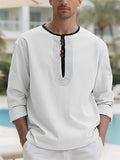 Men's Contrast Trim Cotton Linen Casual Long-sleeved Henry Shirts