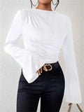 Women's Solid Color Pleated Flared Sleeve Stand Collar Slim Fit Shirt