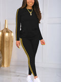 Women's Casual Side Striped Round Neck Long Sleeve Top and Fitted Pants Set