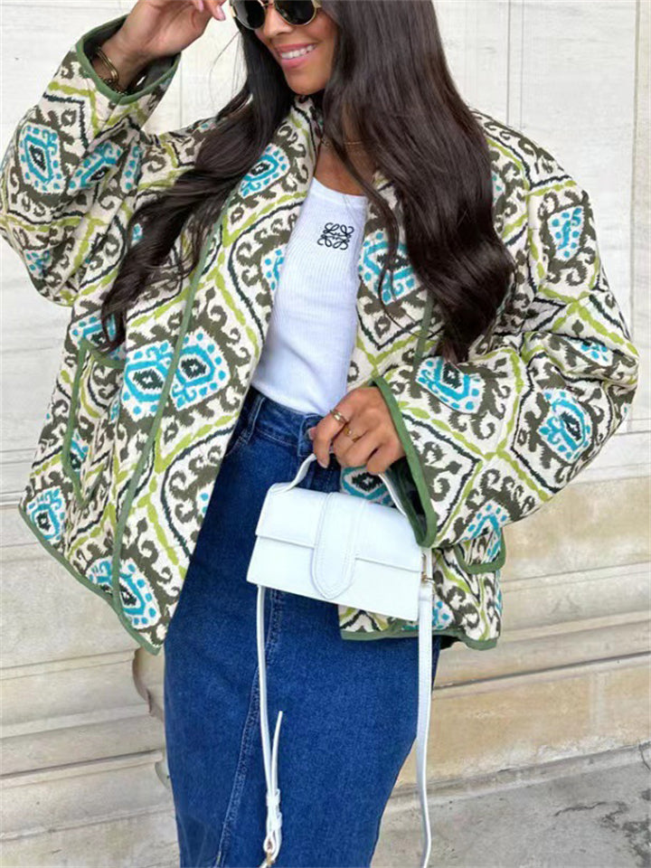 Women's Trendy Contrast Color Geometry Print Lapel Cardigan Coat