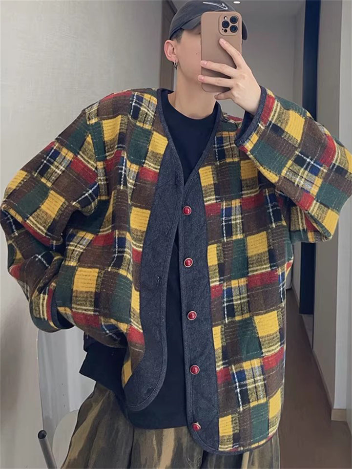 Men's Vintage Checkered Jacquard Spring Collarless Loose Fit Outerwear