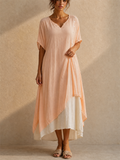 Country Style V Neck Short Sleeve Irregular Hem Dress for Women
