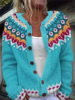 Women's Casual Ethnic Style Jacquard Button Up Cardigan Sweaters