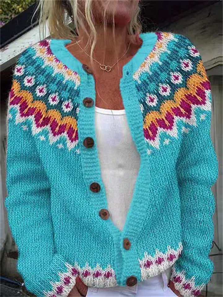 Women's Casual Ethnic Style Jacquard Button Up Cardigan Sweaters