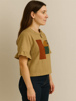 Women's Khaki Patchwork Short Sleeve Linen Crop Shirts