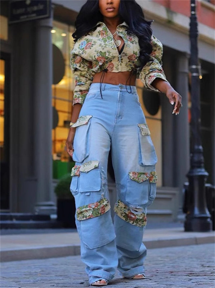 Women's 2Pcs Floral Jacquard Crop Top & Cargo Denim Pants Set