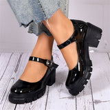 Retro Round Toe Chunky Heel Glossy Mary Jane Shoes for Lady