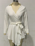 Women's Solid Color V Neck Asymmetric Hem Tie-waist Blouses