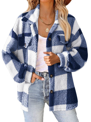 Female Casual Thermal Lapel Button Plaid Cashmere Coat