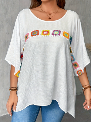 Women's Floral Patchwork Texture Round Neck Half Sleeve Shirts