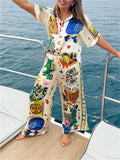 Lady Personality Graffiti Print Satin Shirt Wide Leg Trouser Suit