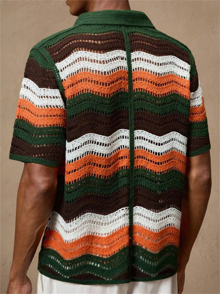 Male's Summer Retro Contrast Color Striped Crochet Lapel Knitted Shirts