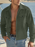 Male's Autumn Solid Color Corduroy Pockets Button Up Cargo Jacket Coats
