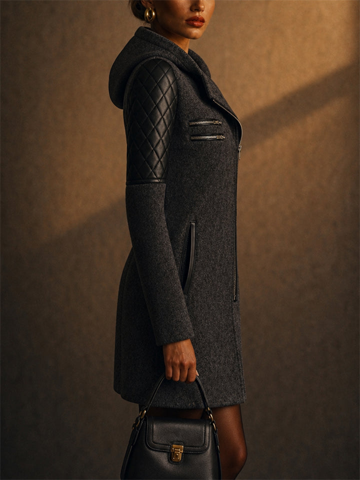 Women Quilted Sleeve Hooded Moto Coat with Asymmetric Zip