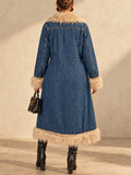 Women Winter Outwear Faux Fur Trim Long Trench Denim Coat