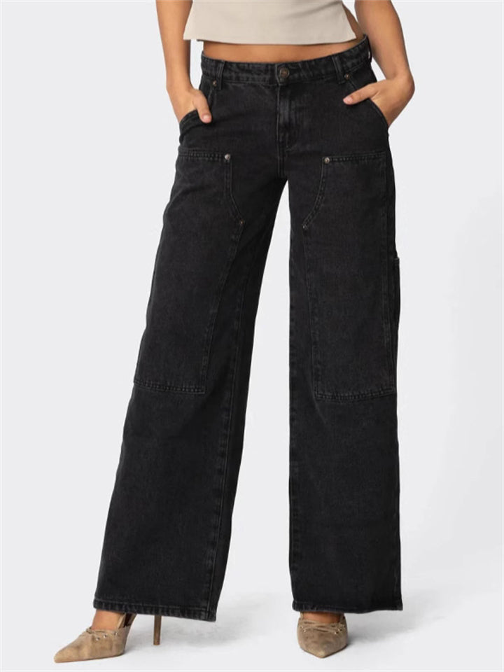 Women's Retro Solid Color Mid-Rise Cargo Straight Denim Pants
