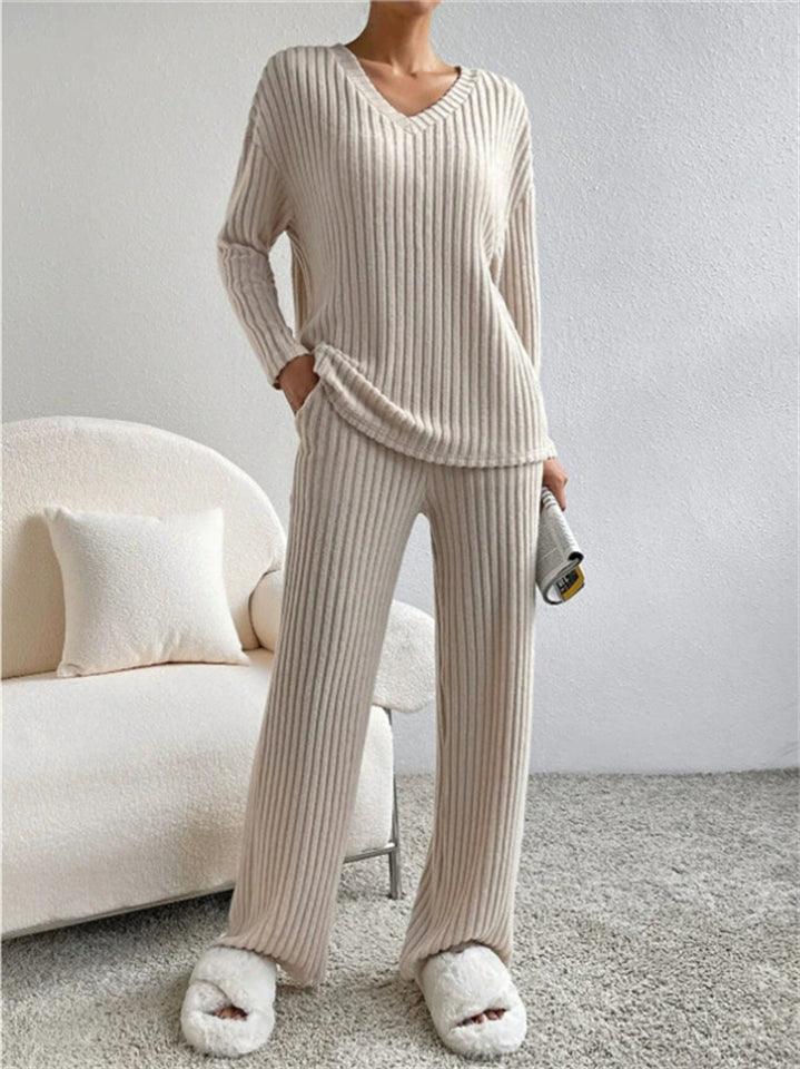 Women's Comfy V Neck Long Sleeve Ribbed Knit Top & Pants Outfits
