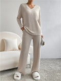 Women's Comfy V Neck Long Sleeve Ribbed Knit Top & Pants Outfits