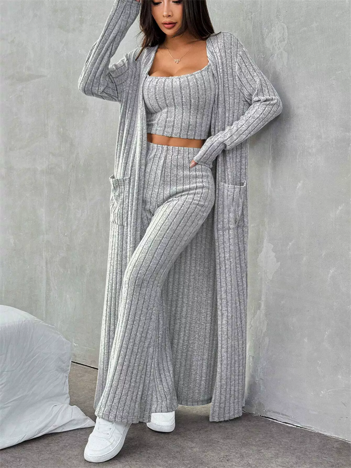 Women's Casual Home Comfy Gray Striped Knitted 3-Piece Set