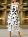 French Style Elegant 3D Embroidery Flowers  Strapless Dress for Lady