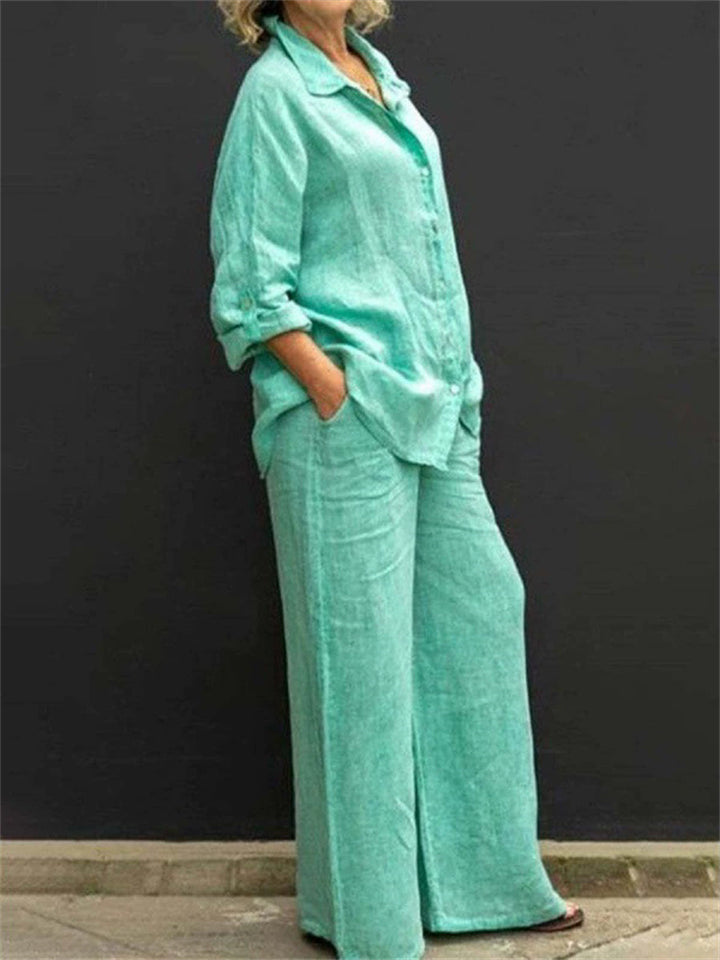 Women's 2Pcs Casual Holiday Style Solid Color Long Sleeve Shirt & Pant Set
