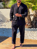 Casual Long Sleeve Linen Solid Color V-Neck Outfits For Men