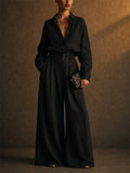 Women Vintage 2 Piece Set Button Down Shirt and Wide Leg Pants