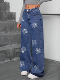 ‌Women's Streetwear Embellished 3D Floral Rhinestone Wide Leg Denim Pants