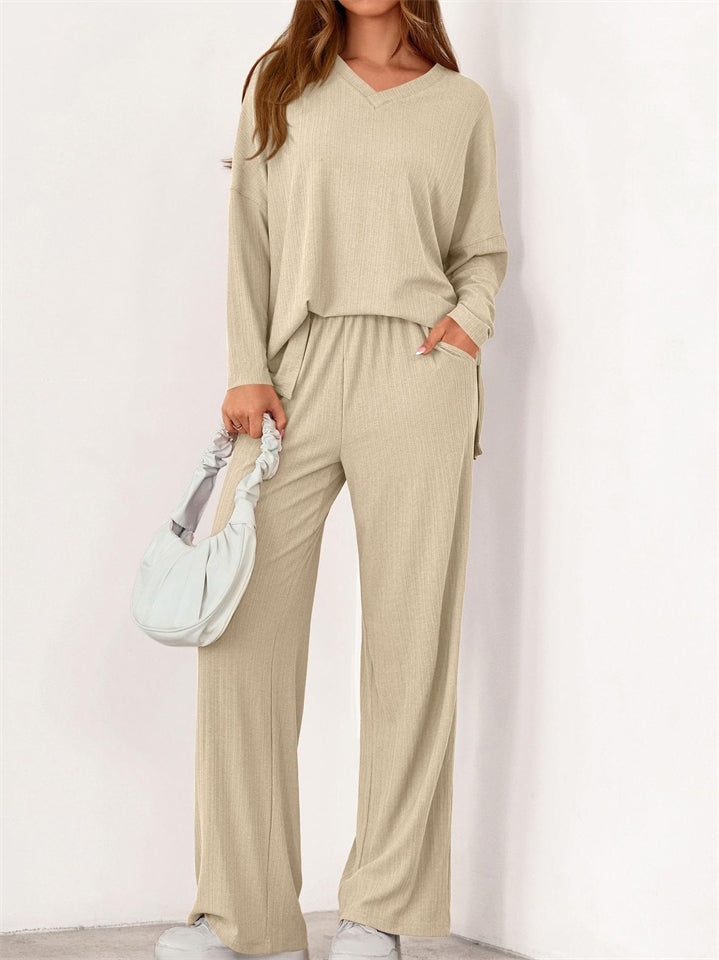 Women's Autumn V Neck Drop Shoulder Long Sleeve Loose Solid Color Outfit