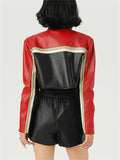 Women's Trendy Contrast Color Crop Motorcycle PU Coat